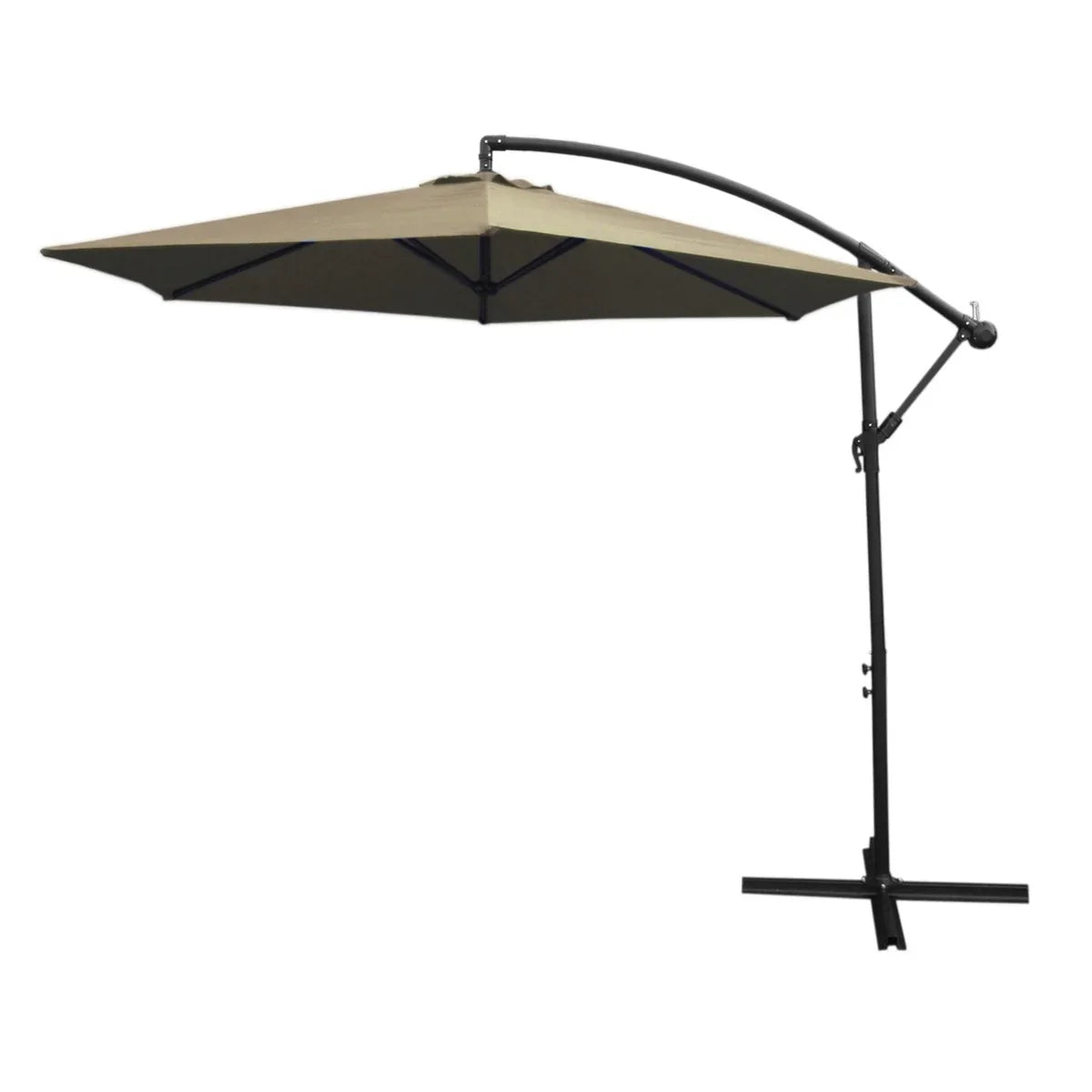 Beige cantilever parasol with a sturdy black frame, featuring a large, angled canopy for optimal sun protection and outdoor style