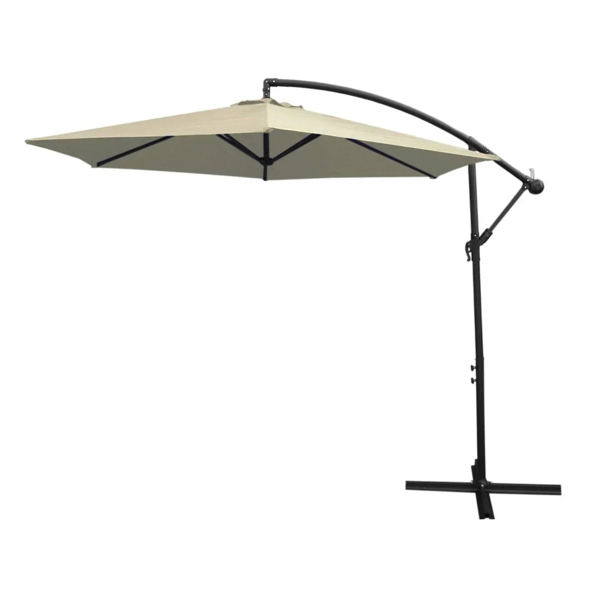 Cream cantilever parasol with a square base, featuring a sleek black frame and a large, angled beige canopy for optimal sunshade