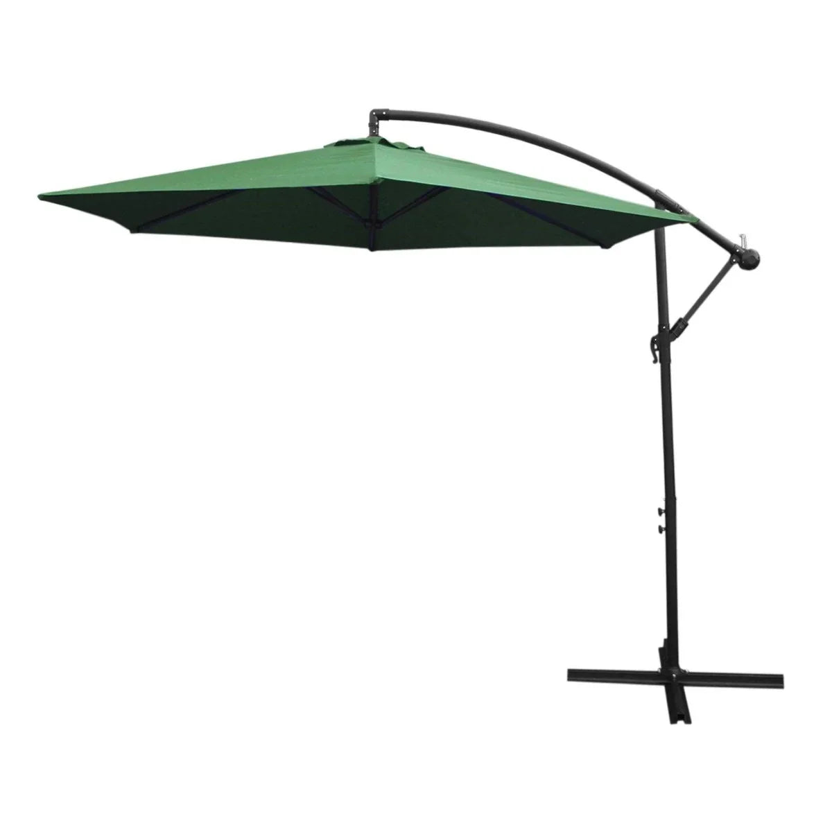 Green cantilever parasol with a square base, featuring a sturdy black frame and a vibrant green canopy for outdoor shade