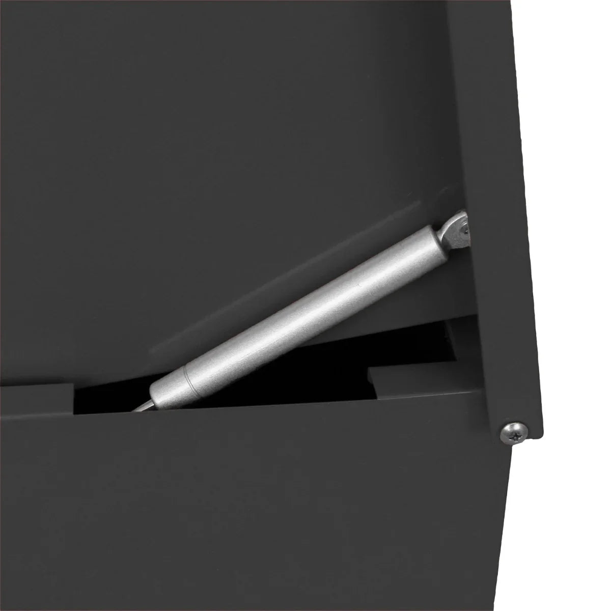 Close-up of a black parcel post box showing a silver gas spring mechanism, highlighting its durable metal construction and sleek design