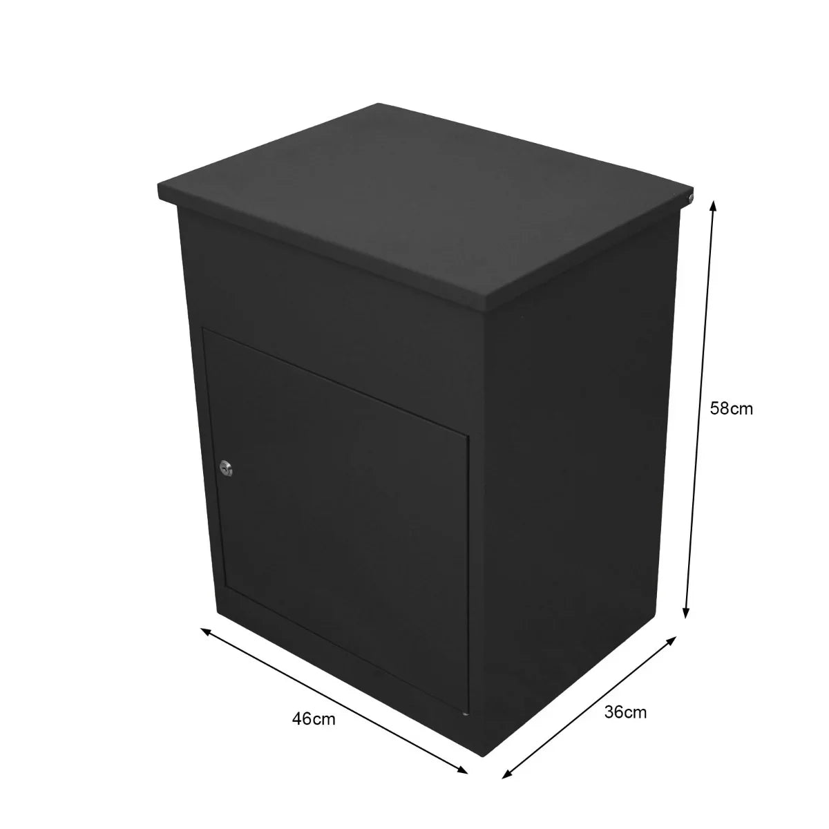 Sleek black parcel post box with a smooth finish, featuring a secure front door and dimensions of 46cm x 36cm x 58cm