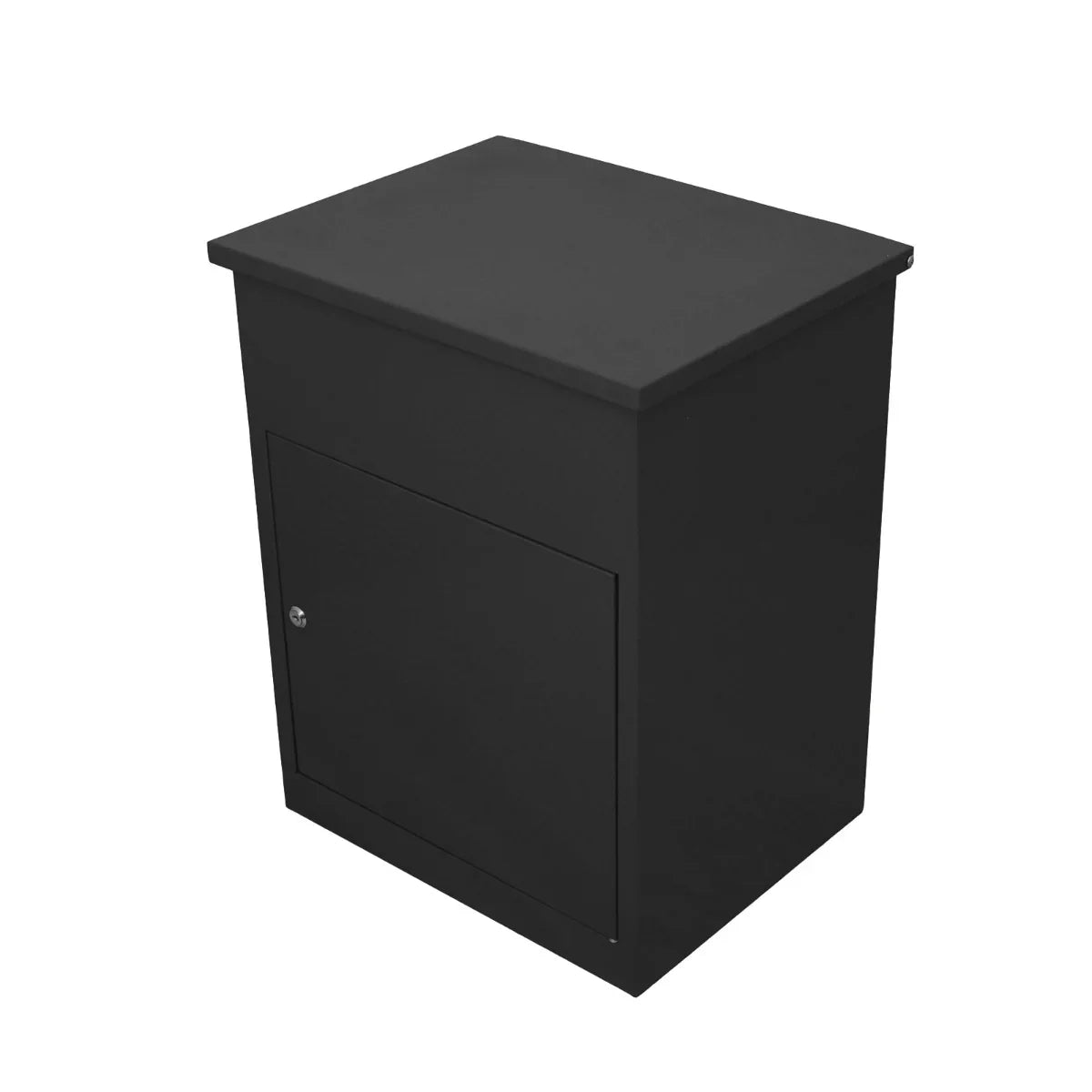 Sleek black parcel post box with a flat top, sturdy construction, and a secure front door for safe package delivery