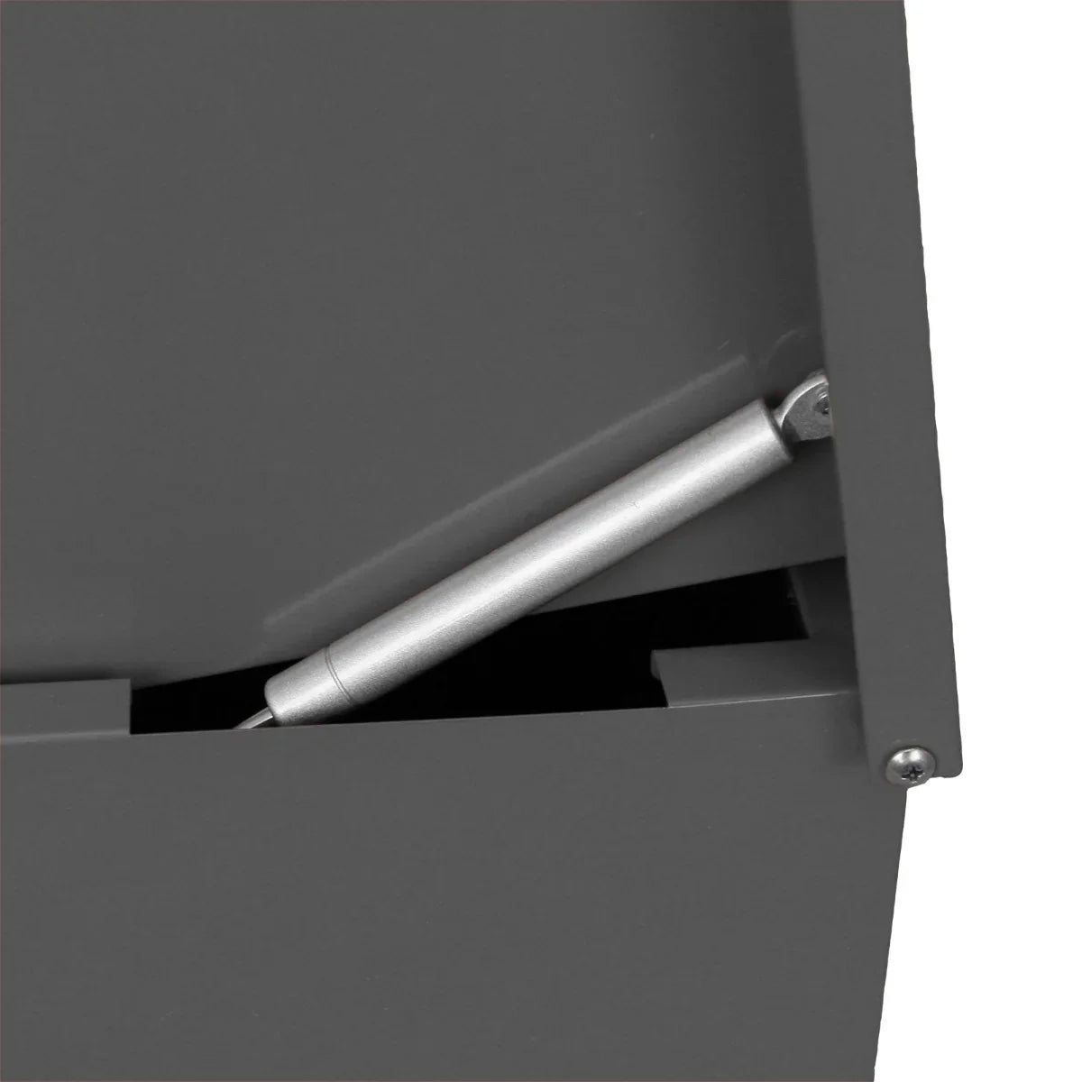 Grey parcel post box featuring a sturdy design, smooth grey finish, and a gas spring for easy opening and closing