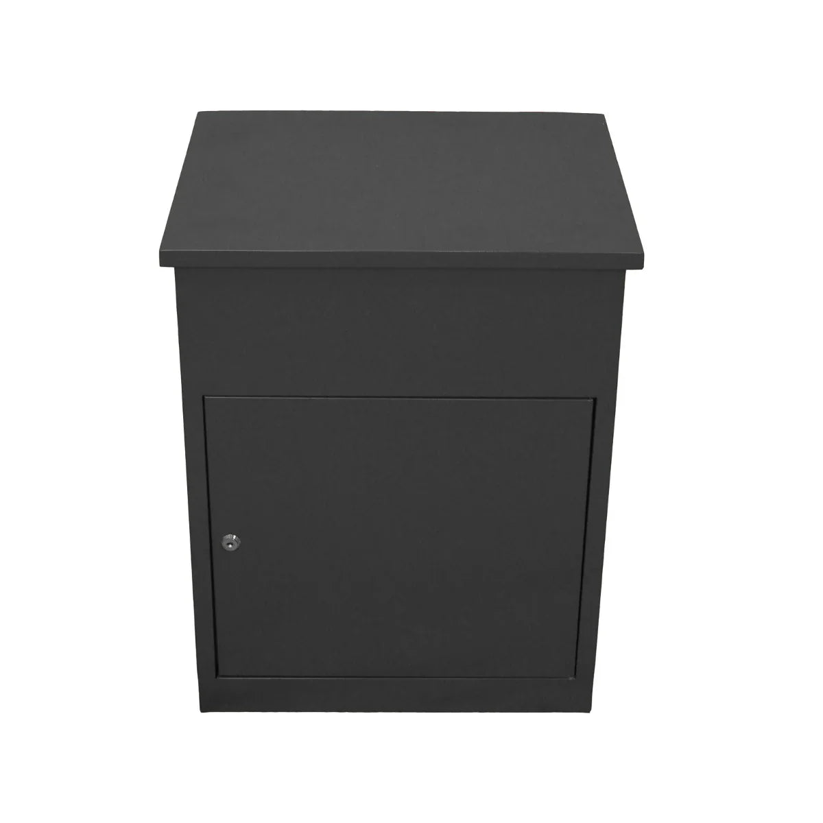 Stylish grey parcel post box with a sleek design, featuring a secure front door and smooth, matte finish for durability