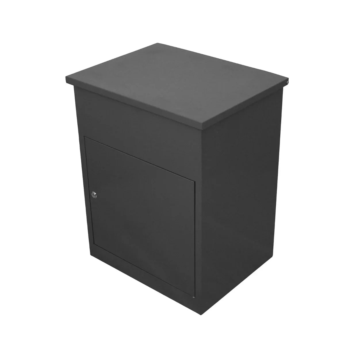 Grey parcel post box with a sleek design, featuring a flat top, smooth surface, and a secure front door for mail storage