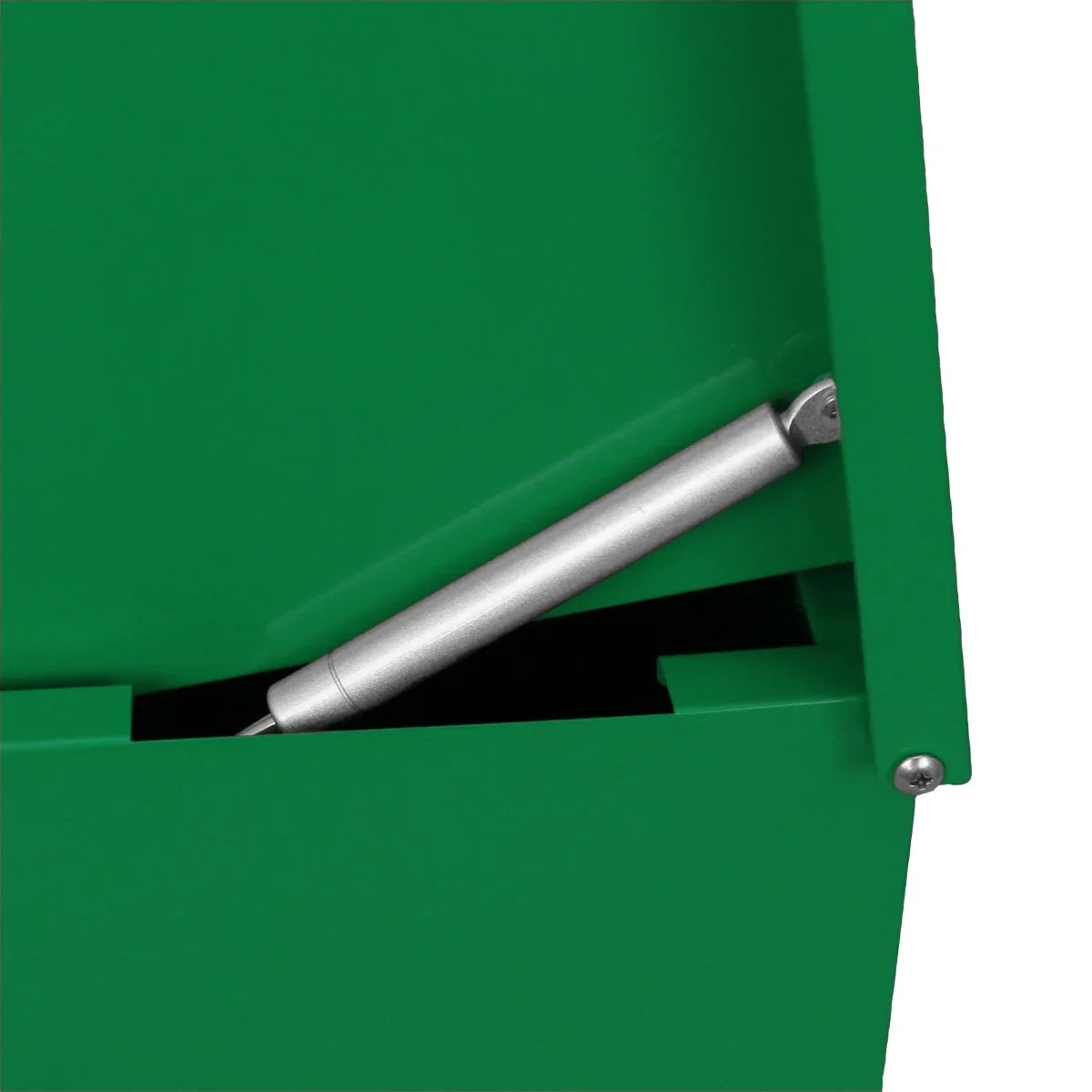 Green parcel post box featuring a sturdy metal design, vibrant green color, and a gas spring mechanism for easy access