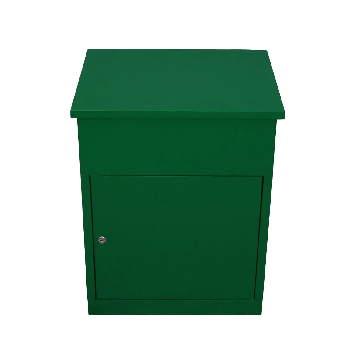 Vibrant green parcel post box with a sleek, square design and a secure front door, perfect for outdoor mail storage