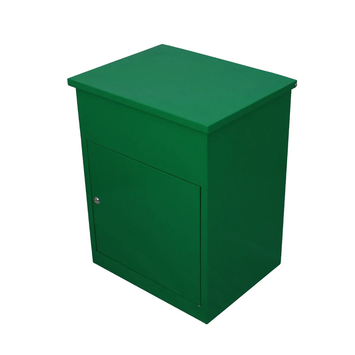 Green parcel post box with a smooth, matte finish, featuring a secure front door and a simple, modern rectangular design