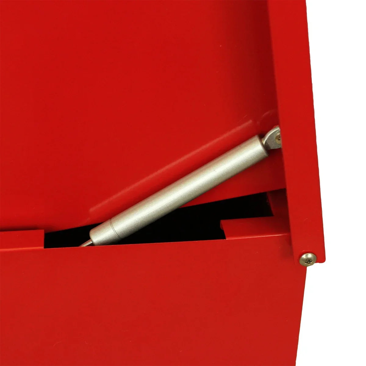 Bright red parcel post box with a sleek design, featuring a silver gas spring for smooth opening and a sturdy metal construction