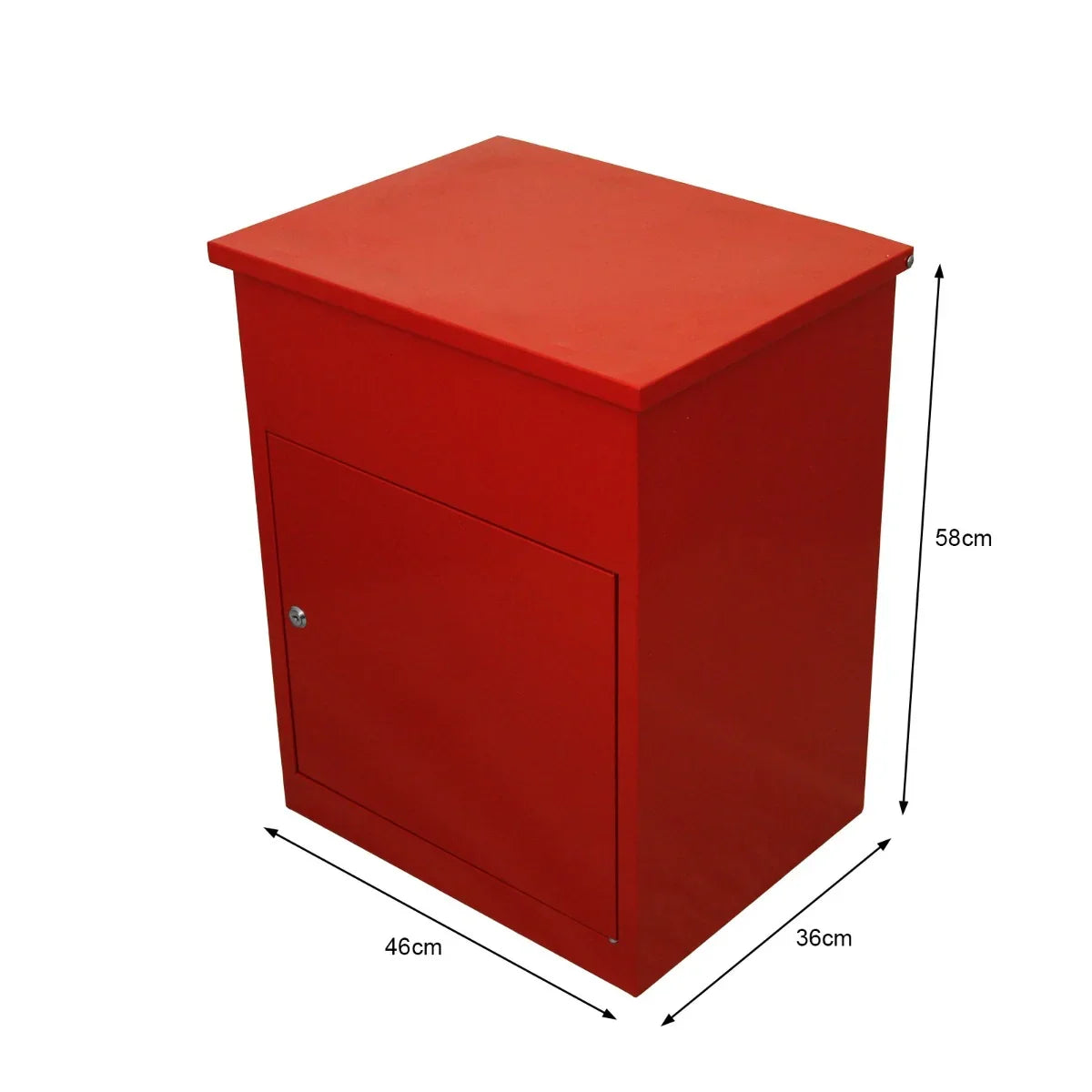 Bright red parcel post box with a smooth finish, featuring a secure front door and dimensions of 46cm x 36cm x 58cm