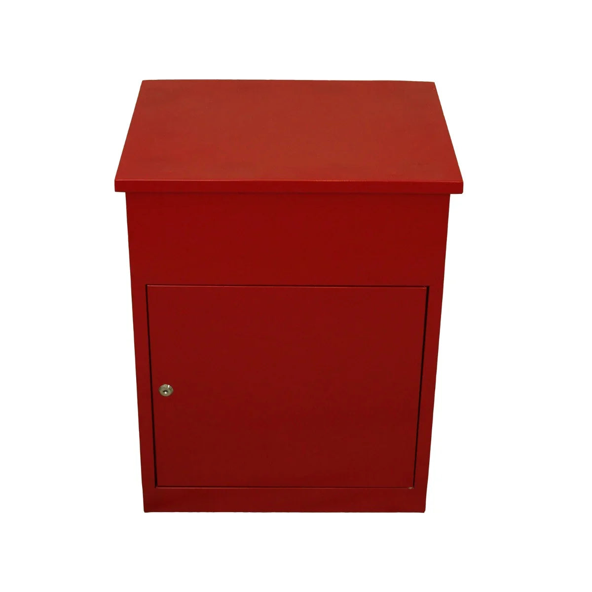 Bright red parcel post box with a smooth finish, square shape, and a front door for secure mail storage, ideal for home or office use