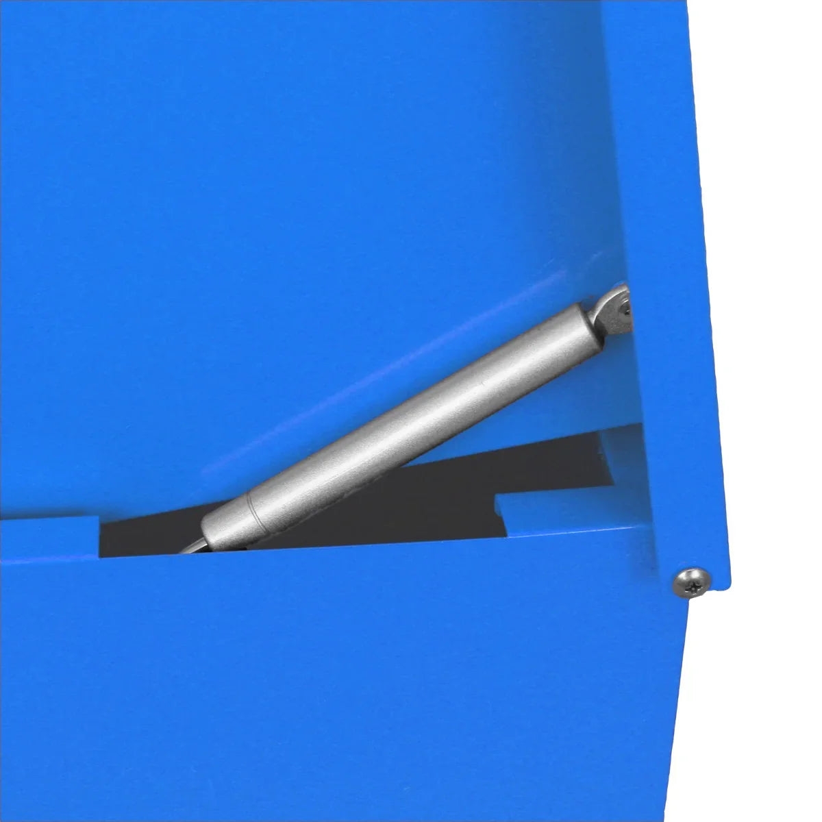 Close-up of a blue parcel post box showing the silver gas spring mechanism and smooth metal finish for easy access and durability