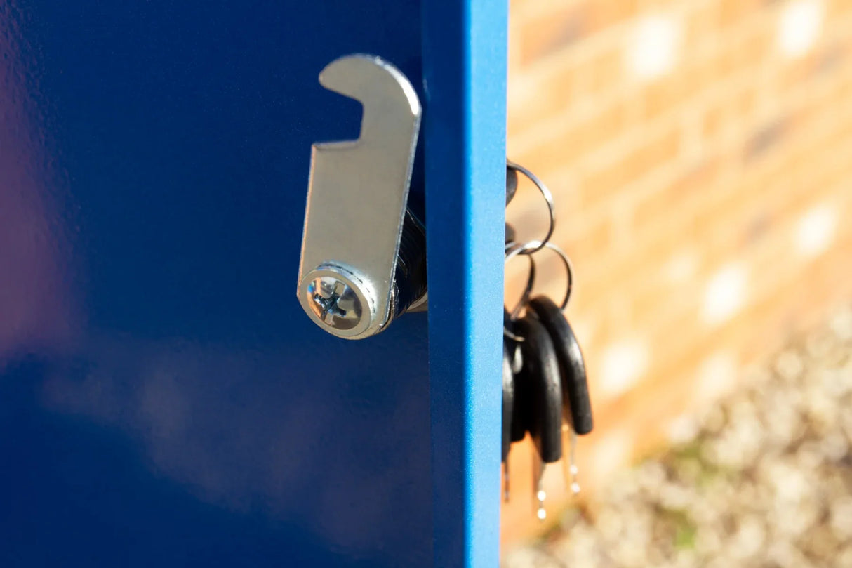 Close-up of the blue parcel post box lock with shiny metal hook and keys hanging, showcasing durable material and vibrant color