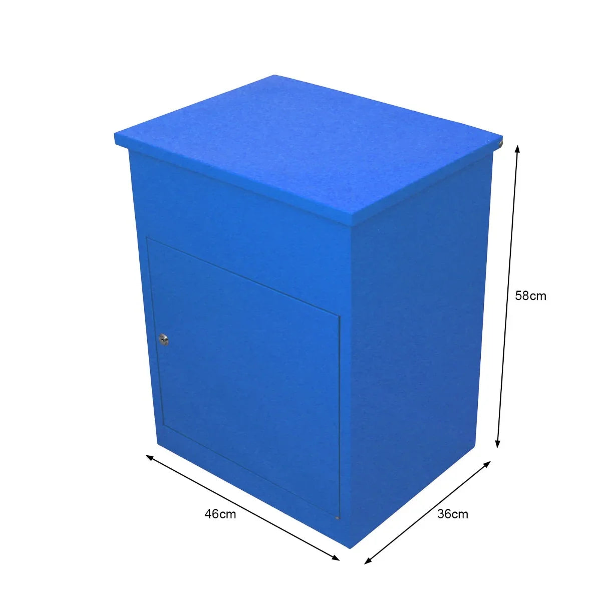 Bright blue parcel post box with a smooth finish, featuring a secure front door and dimensions of 46cm x 36cm x 58cm