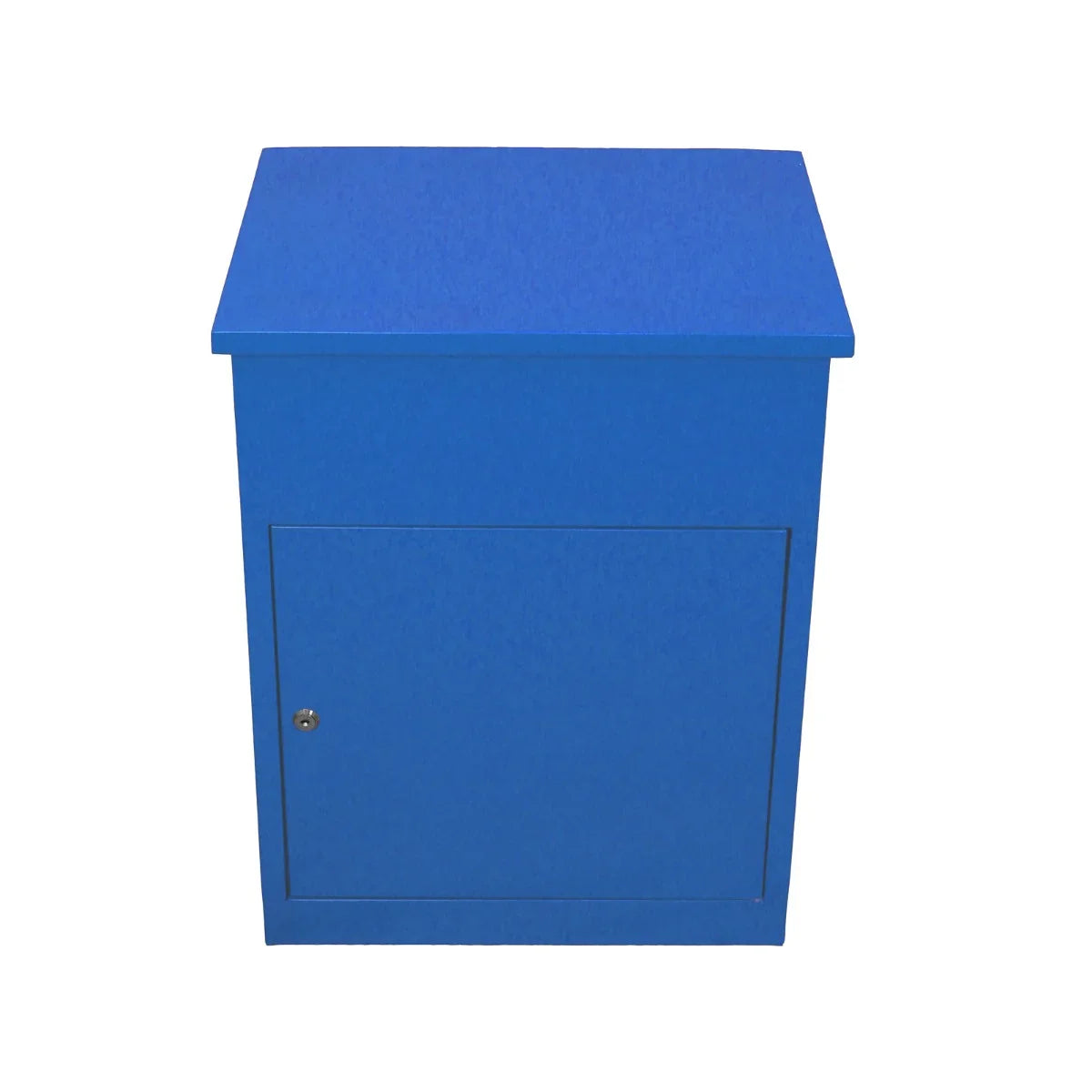 Bright blue parcel post box with a smooth finish, featuring a secure front door and a flat top for easy access and storage