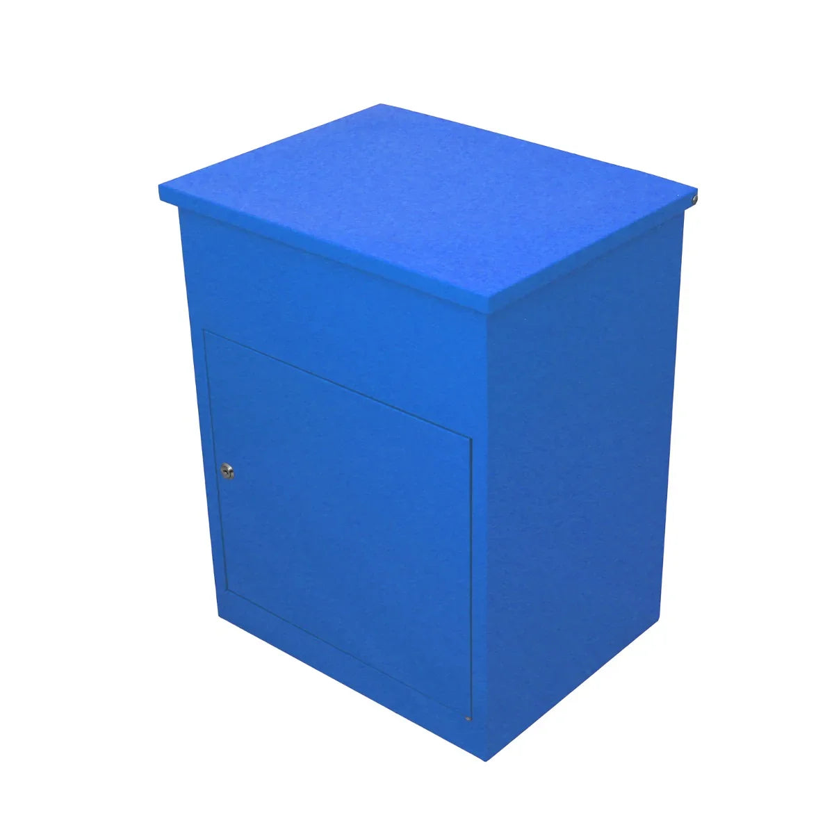 Bright blue parcel post box with a smooth finish, featuring a secure front door and a flat top, ideal for outdoor use