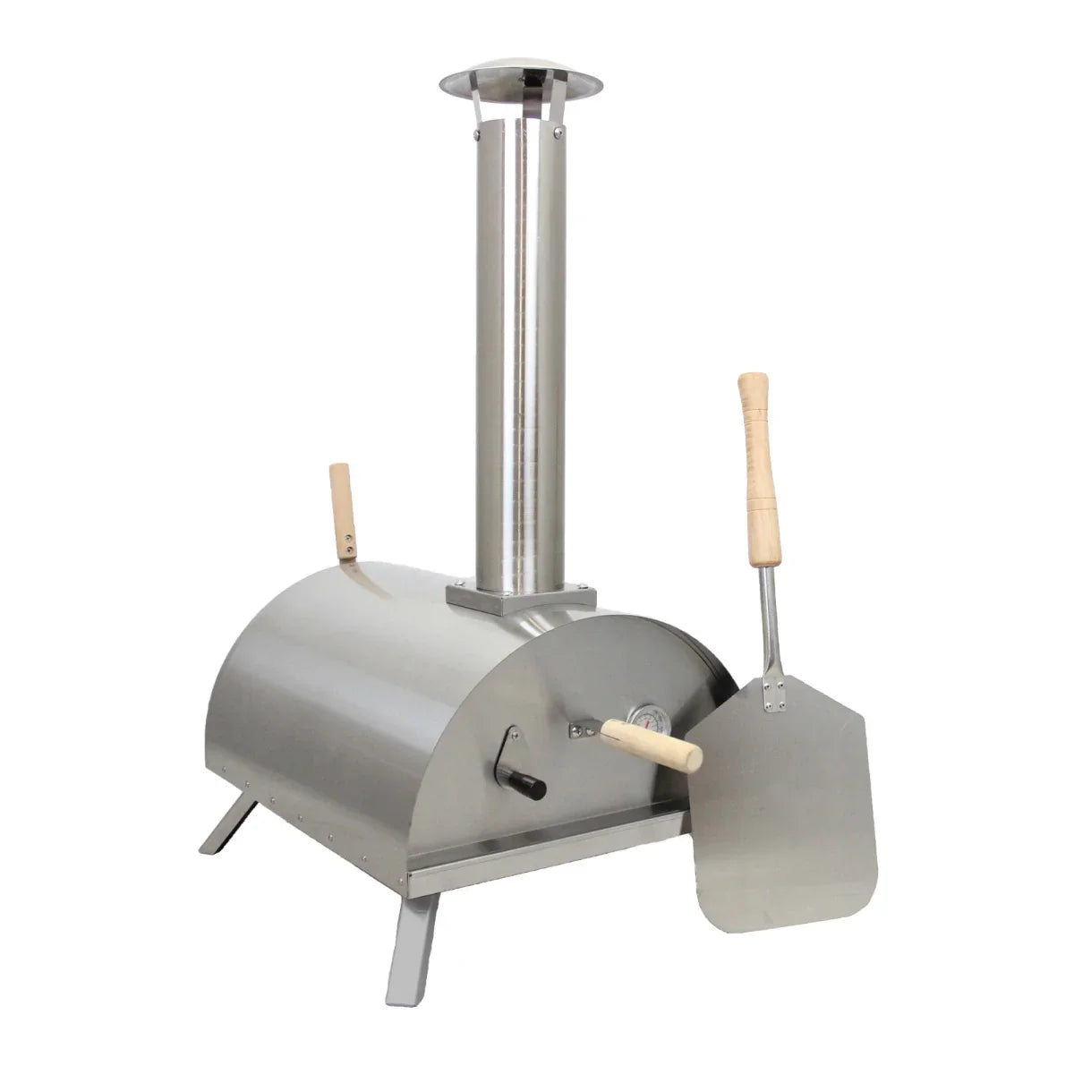 Stainless steel outdoor tabletop pizza oven with a chimney, wooden handles, and a pizza peel for easy serving and cooking