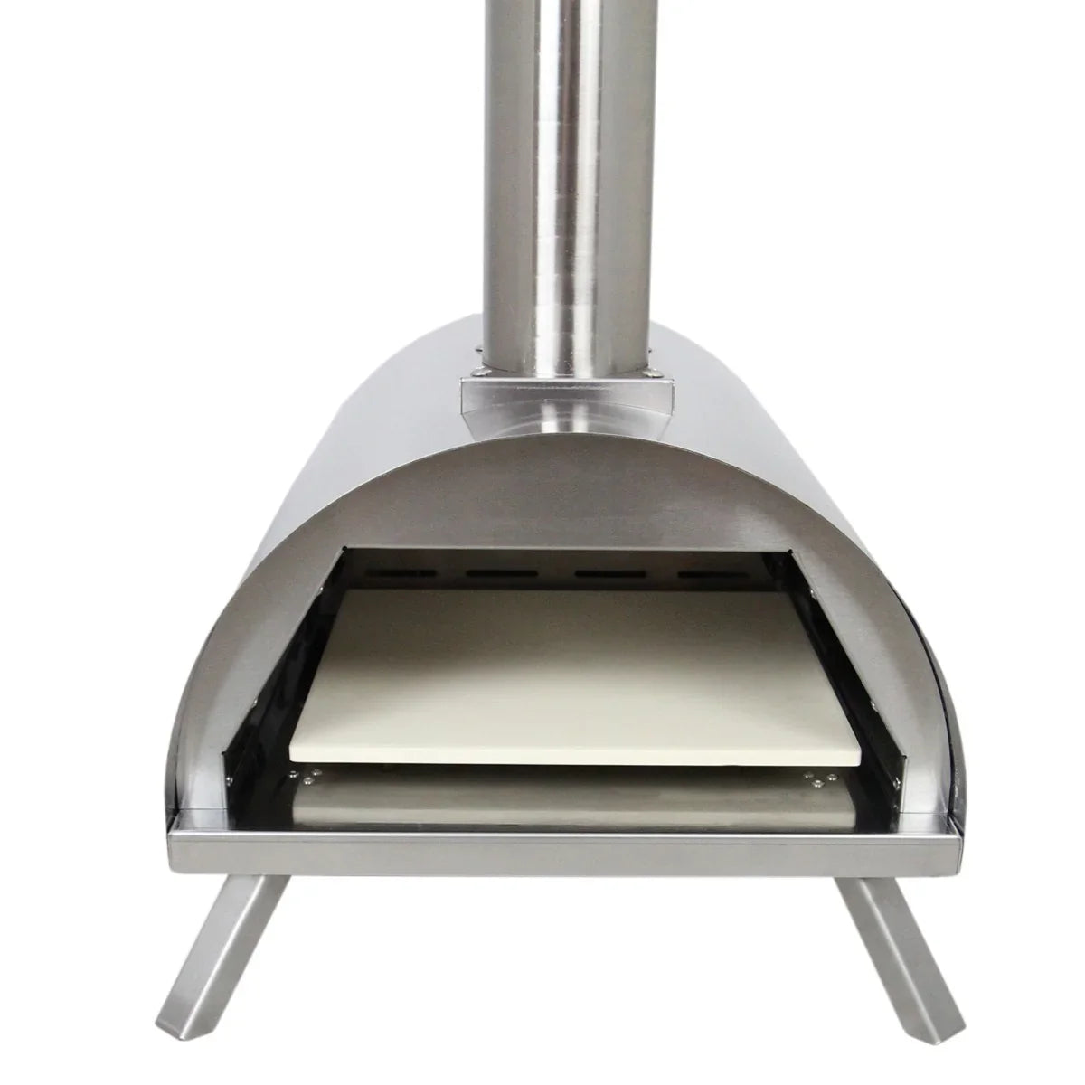 Stainless steel outdoor tabletop pizza oven with a rounded design, featuring a ceramic baking stone and chimney for smoke ventilation
