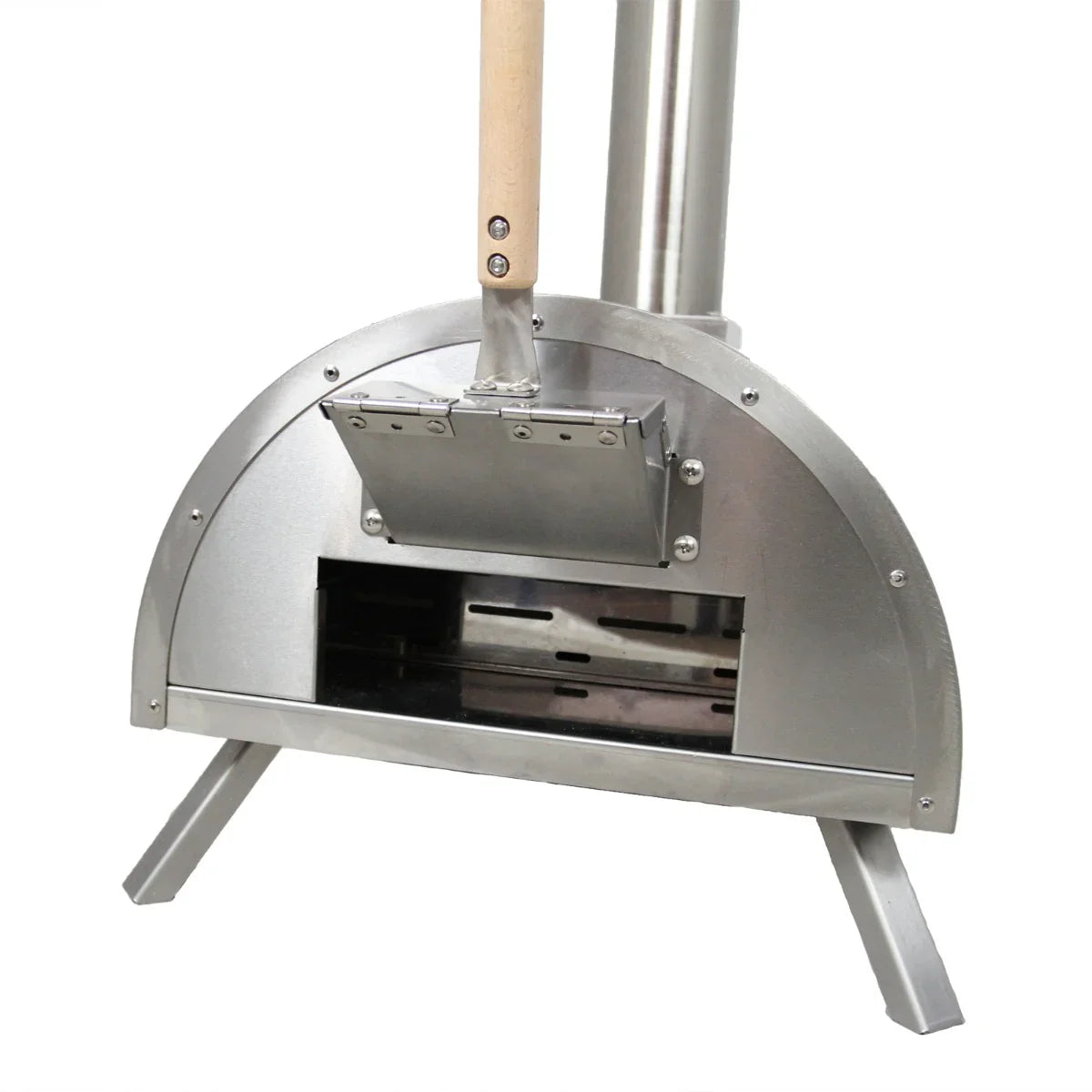 Stainless steel outdoor table top pizza oven with a wooden handle, featuring a sleek curved design and sturdy legs for stability