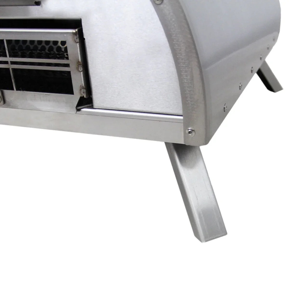 Stainless steel outdoor tabletop pizza oven with a sleek design, sturdy legs, and a black vent for optimal heat circulation