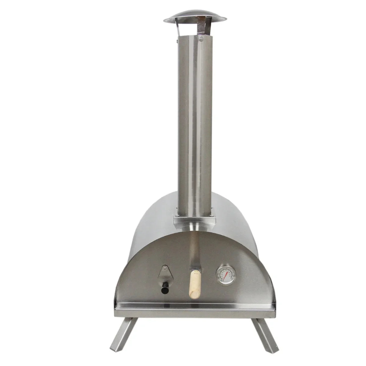 Stainless steel outdoor tabletop pizza oven with a tall chimney, front thermometer, and sturdy legs for stability and heat retention