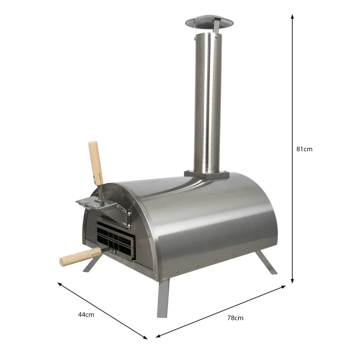 Stainless steel outdoor tabletop pizza oven with a chimney, wooden handles, and a sleek curved design, ideal for backyard cooking