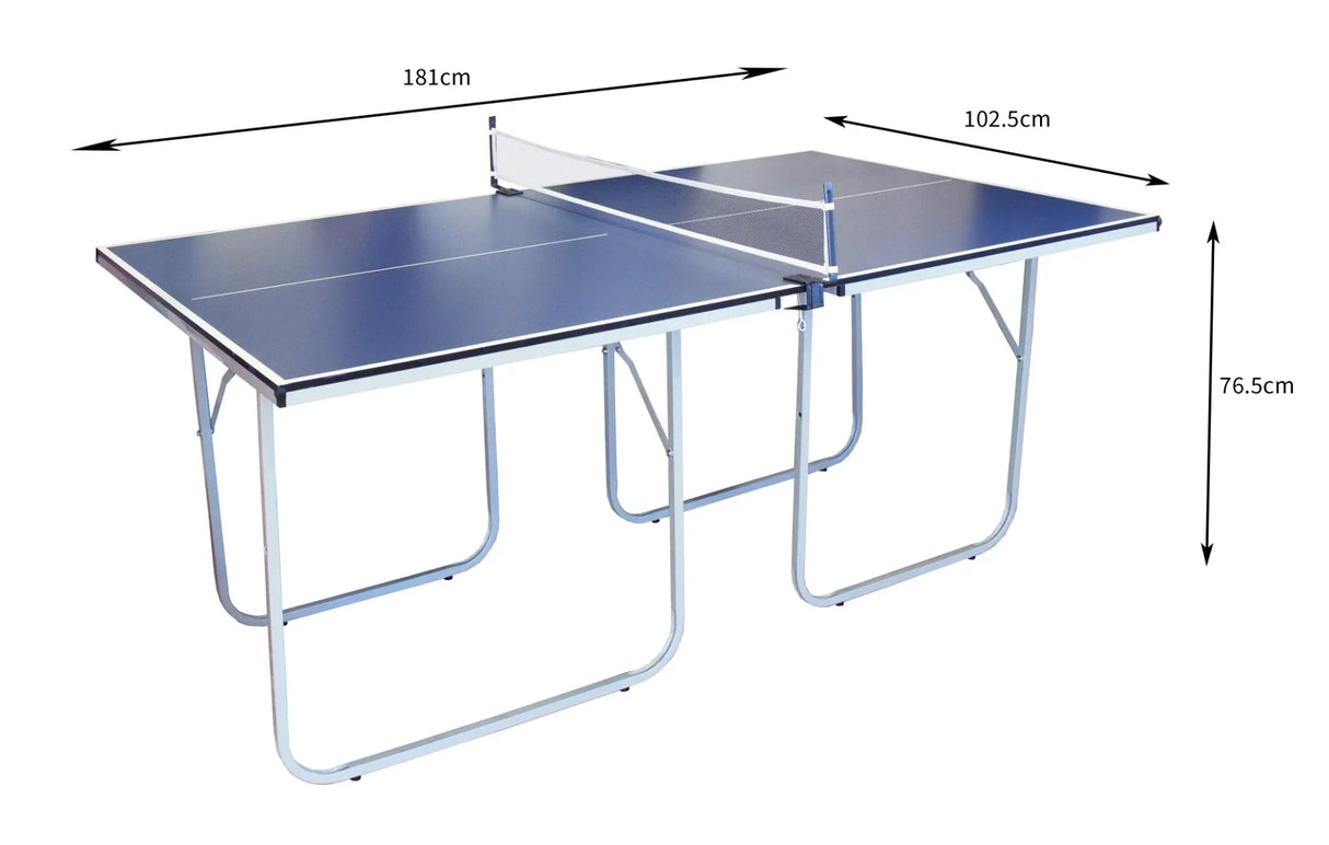 Blue folding table tennis table with a sturdy metal frame, measuring 181cm by 102.5cm, featuring a net and adjustable height