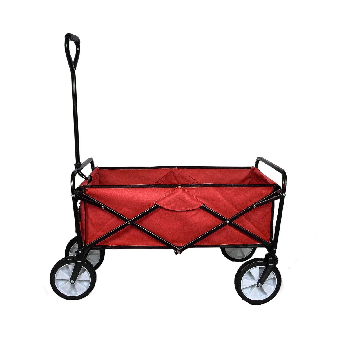 Foldable garden cart in vibrant red with a sturdy black frame, large wheels, and a spacious fabric interior for easy transport