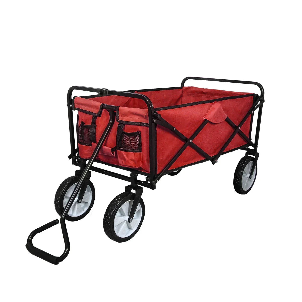 Foldable garden cart in vibrant red with durable fabric, sturdy black frame, and large wheels for easy maneuverability outdoors