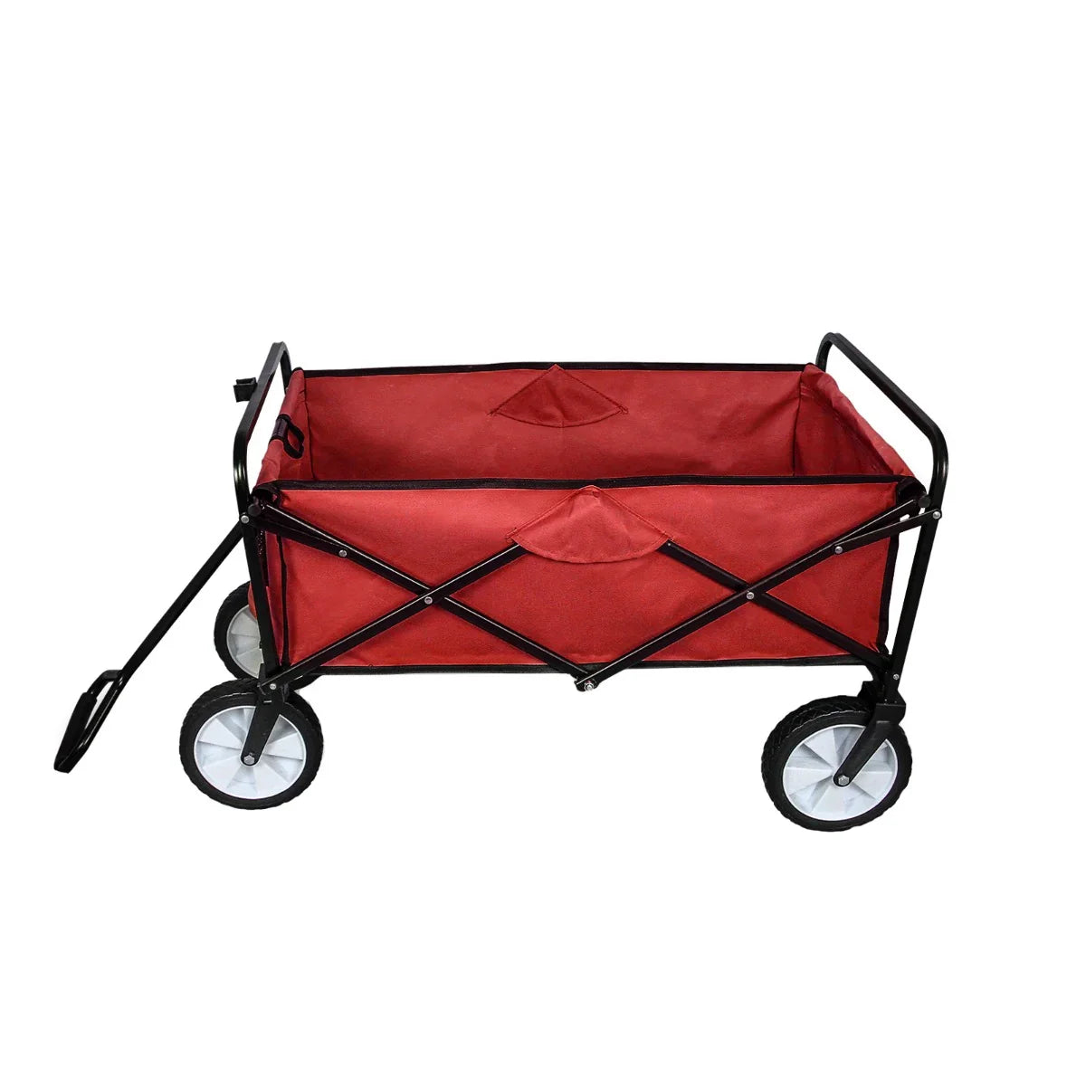 Foldable garden cart in vibrant red with a sturdy black frame, large wheels, and a spacious fabric interior for easy transport