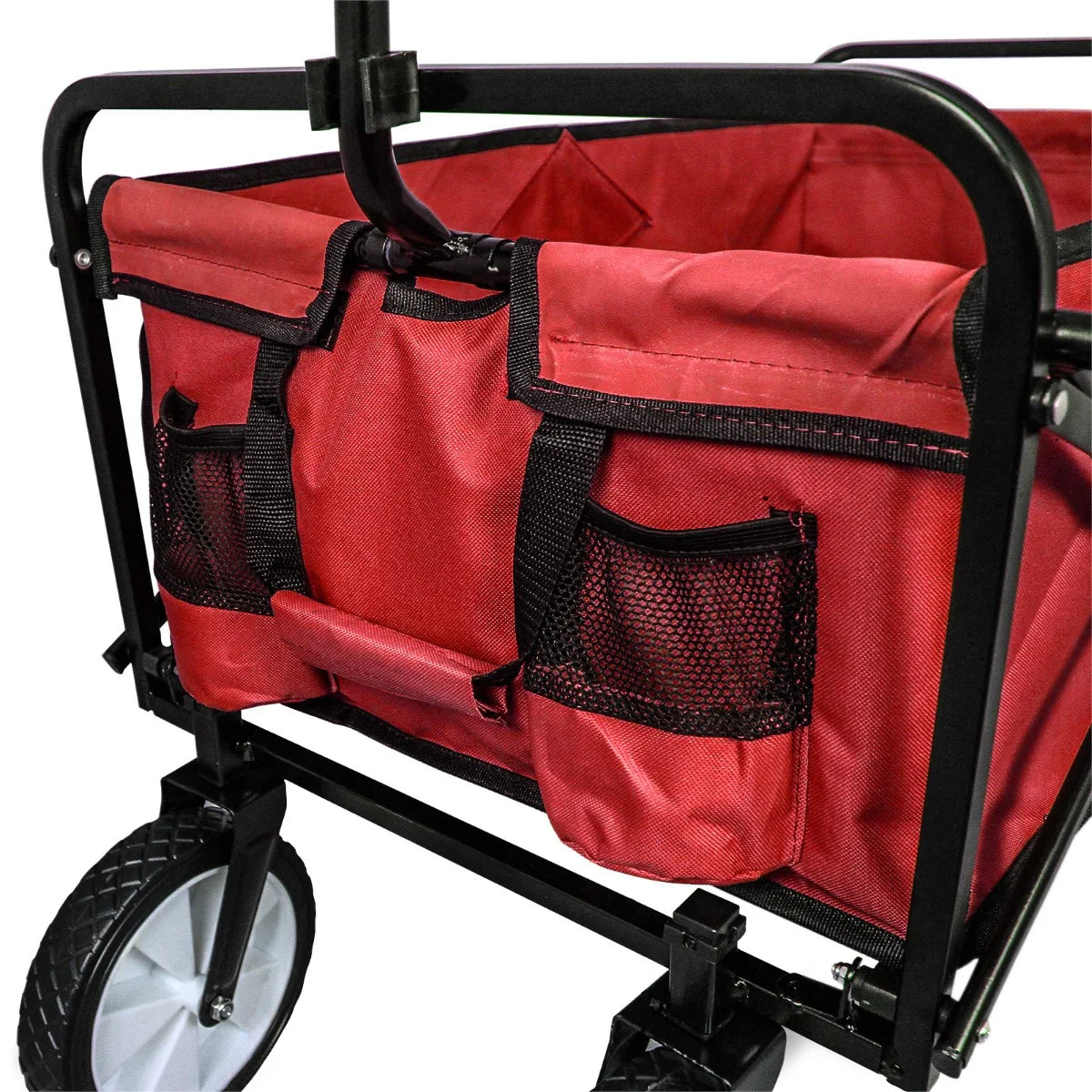 Red foldable garden cart featuring a sturdy frame, spacious fabric interior, and multiple mesh pockets for easy storage and transport