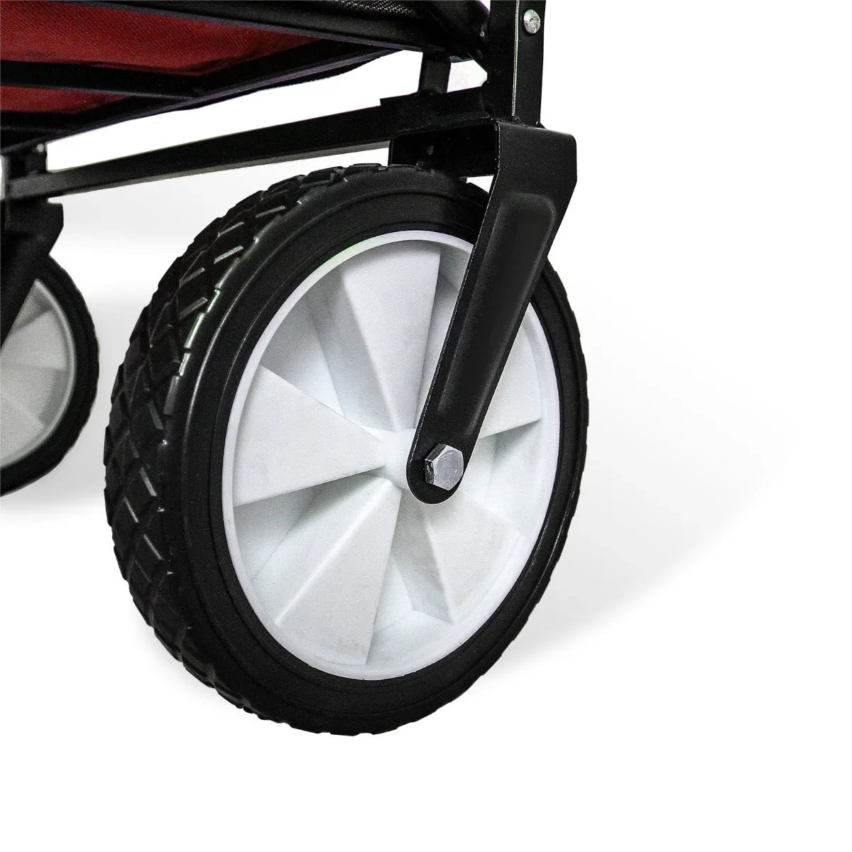 Close-up of a foldable garden cart's durable black wheel with a textured white rim, designed for easy maneuverability and stability