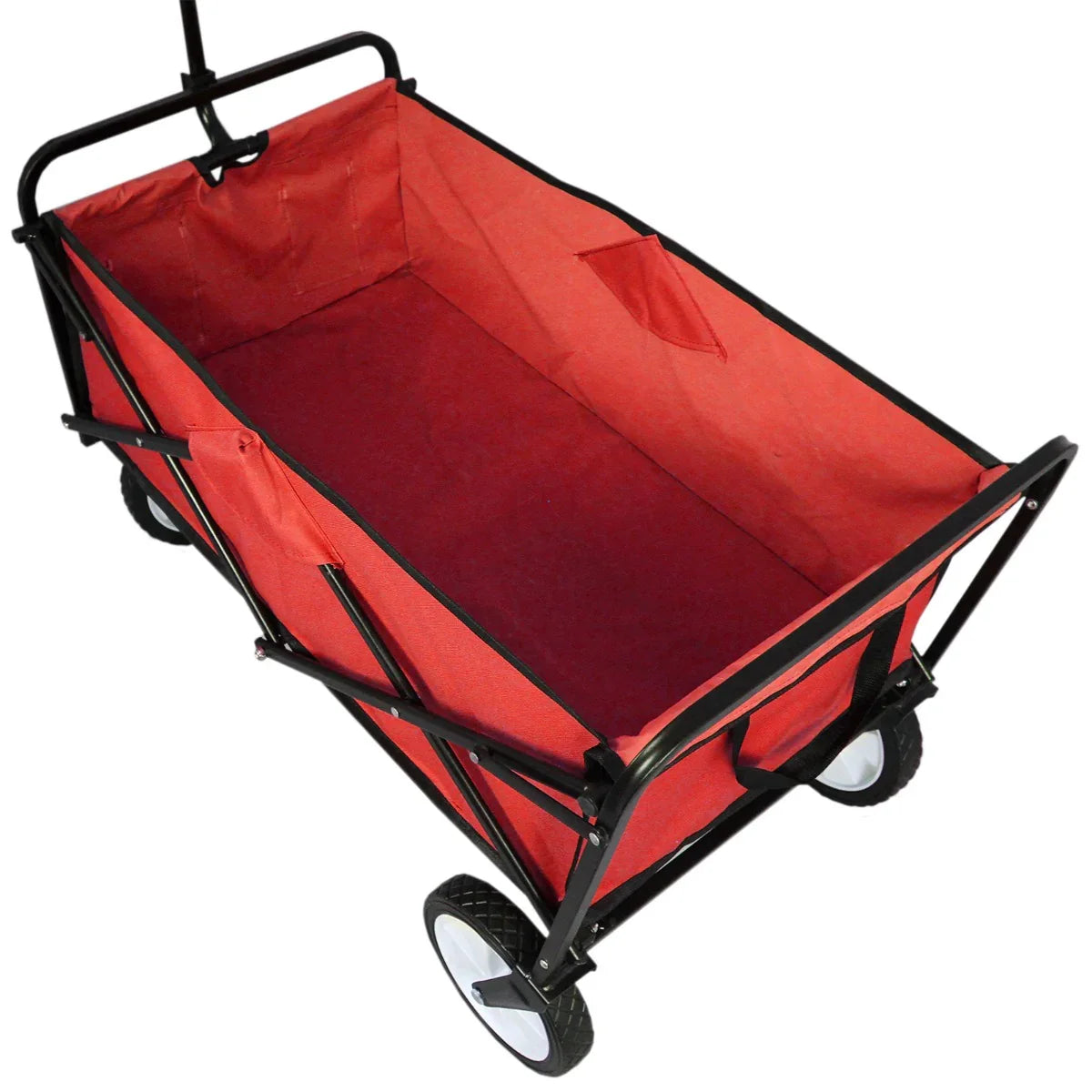 Foldable garden cart in vibrant red with a spacious interior, sturdy black frame, and durable wheels for easy transport