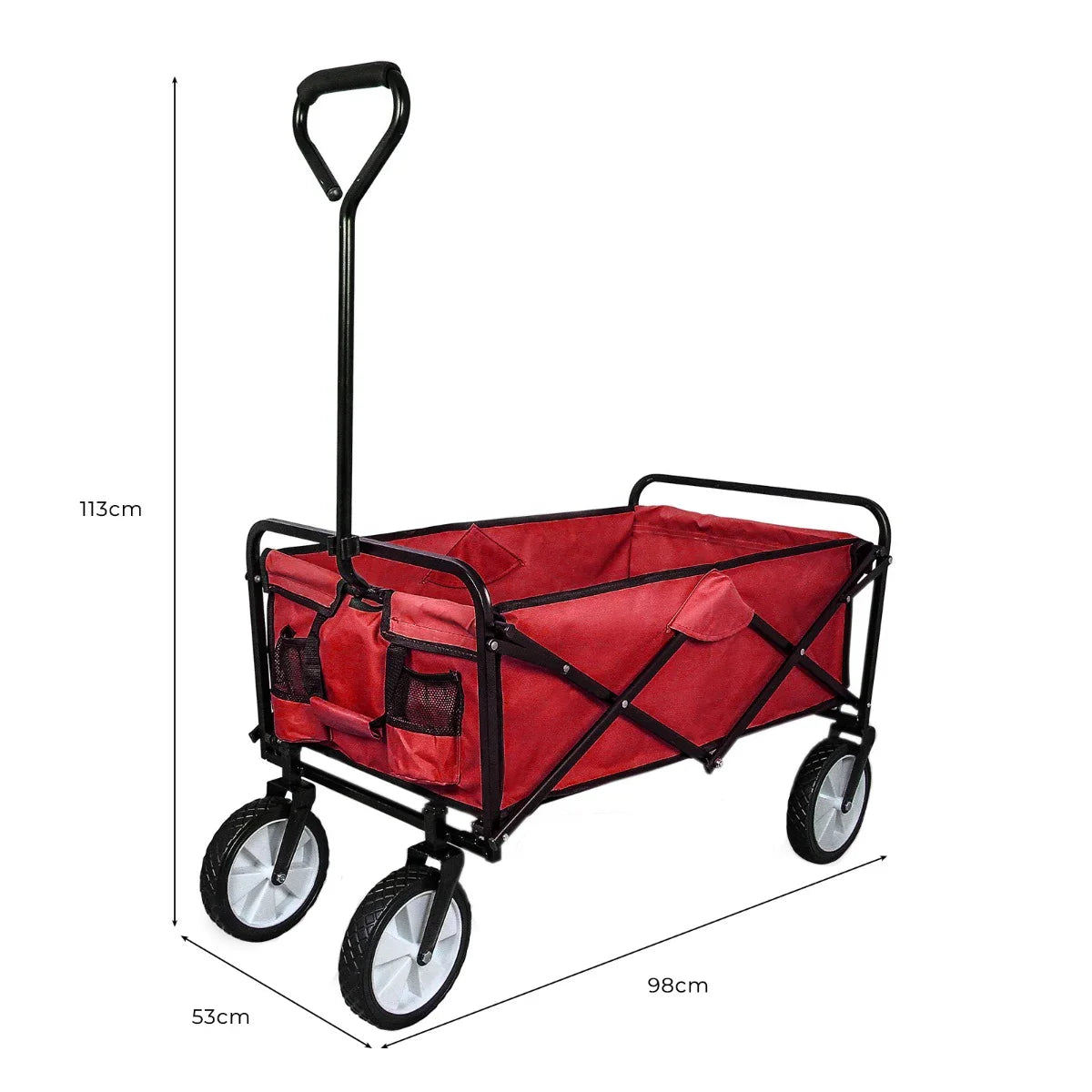 Foldable garden cart in vibrant red with a sturdy black frame, spacious interior, and durable wheels for easy transport