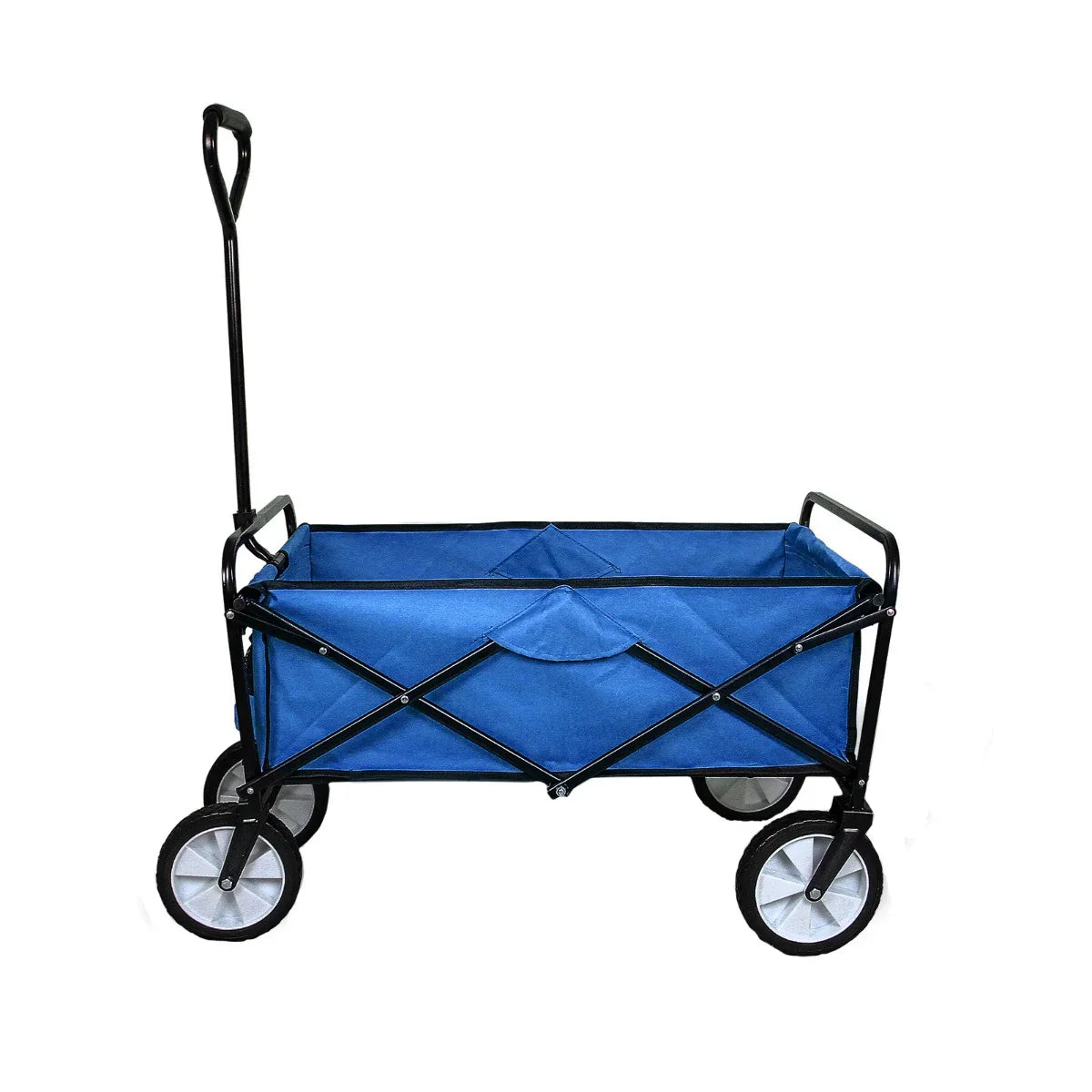 Foldable garden cart in vibrant blue with a sturdy black frame, featuring a spacious fabric interior and durable wheels for easy transport