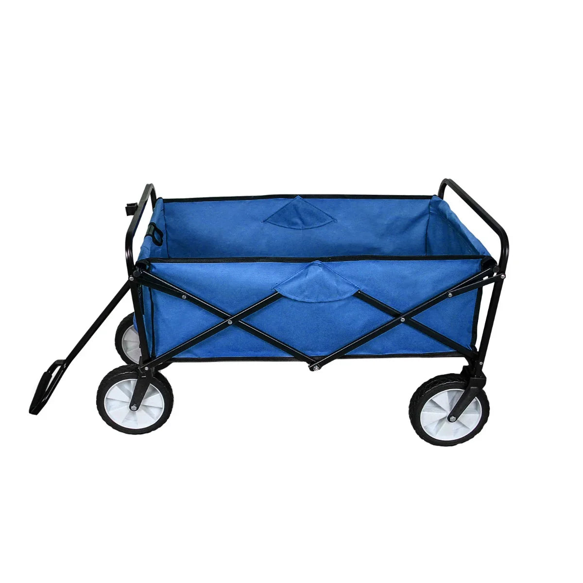 Foldable garden cart in vibrant blue with a sturdy black frame, featuring durable fabric sides and smooth-rolling wheels