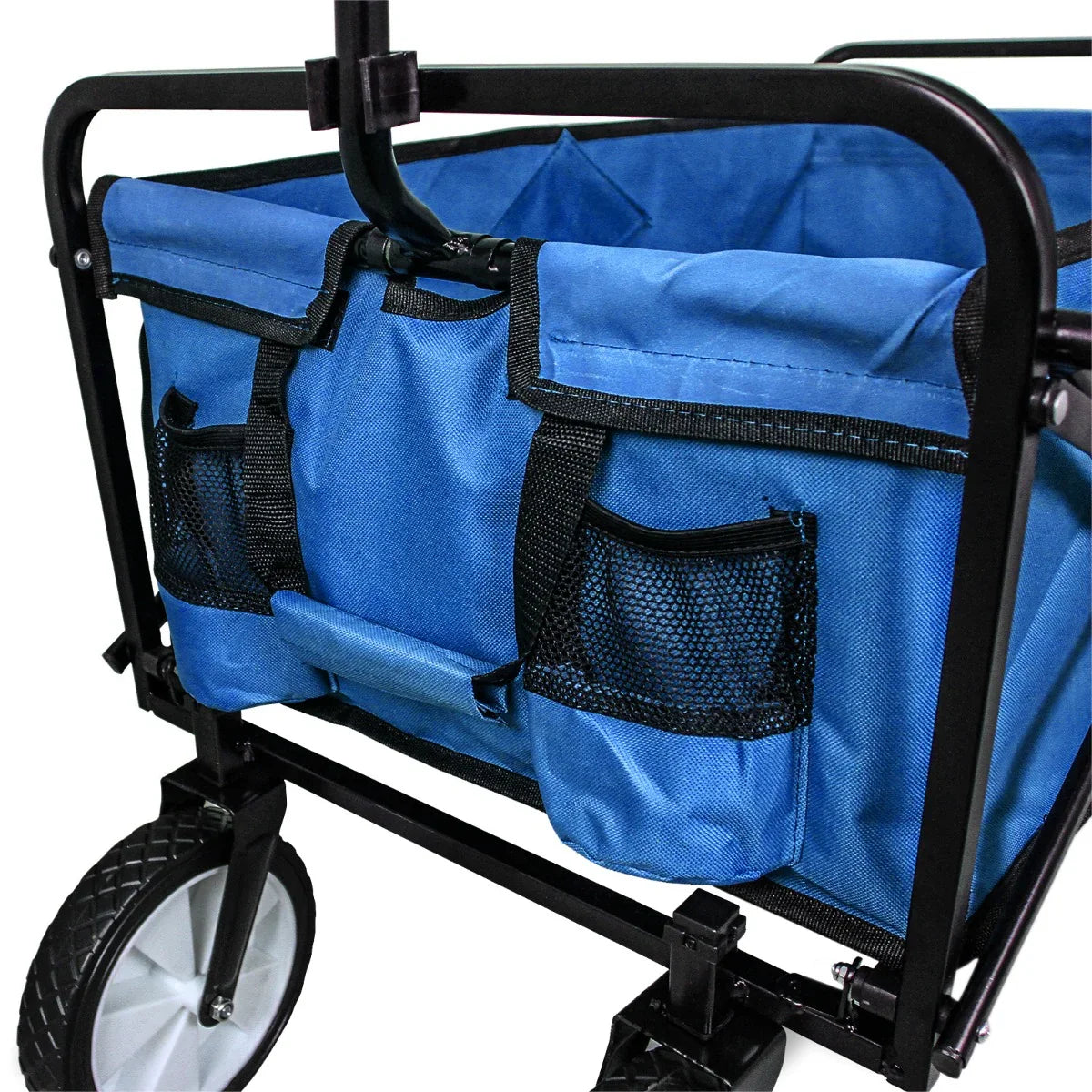 Foldable garden cart in vibrant blue with durable fabric, mesh pockets, and sturdy black frame, ideal for outdoor tasks