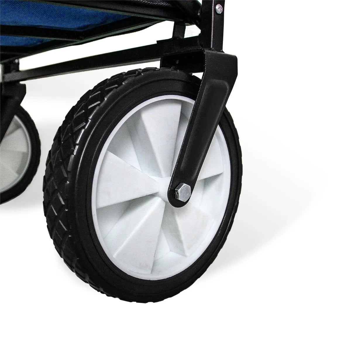 Close-up of the sturdy wheel of a blue foldable garden cart, featuring a textured black tire and a durable white rim for easy mobility