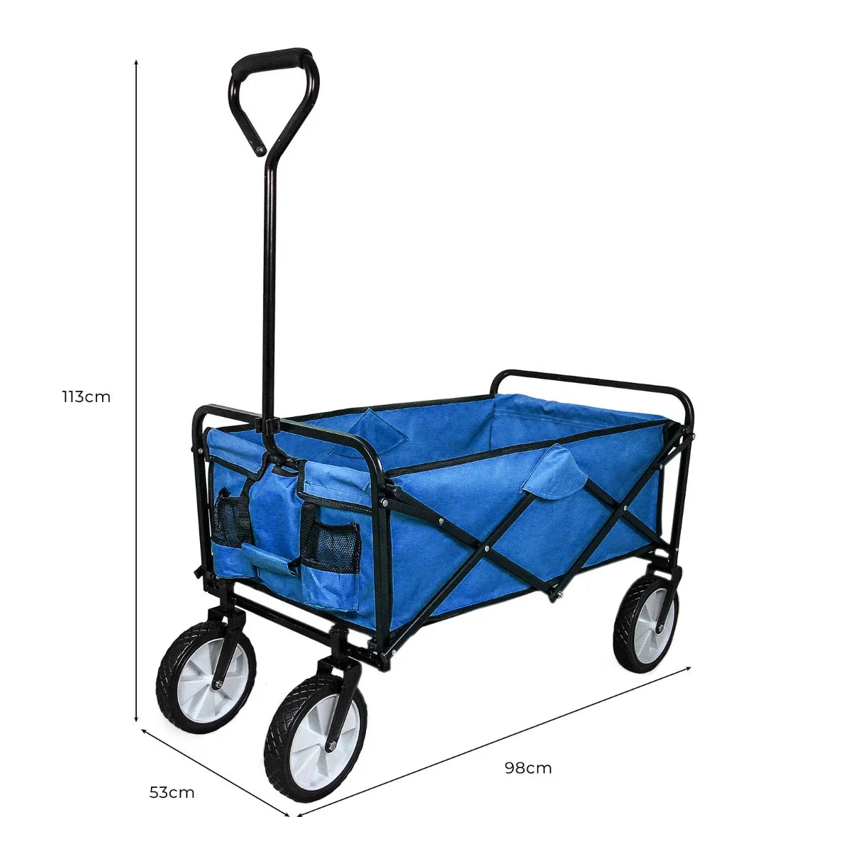 Foldable garden cart in vibrant blue with sturdy black frame, spacious interior, and durable wheels for easy transport and storage