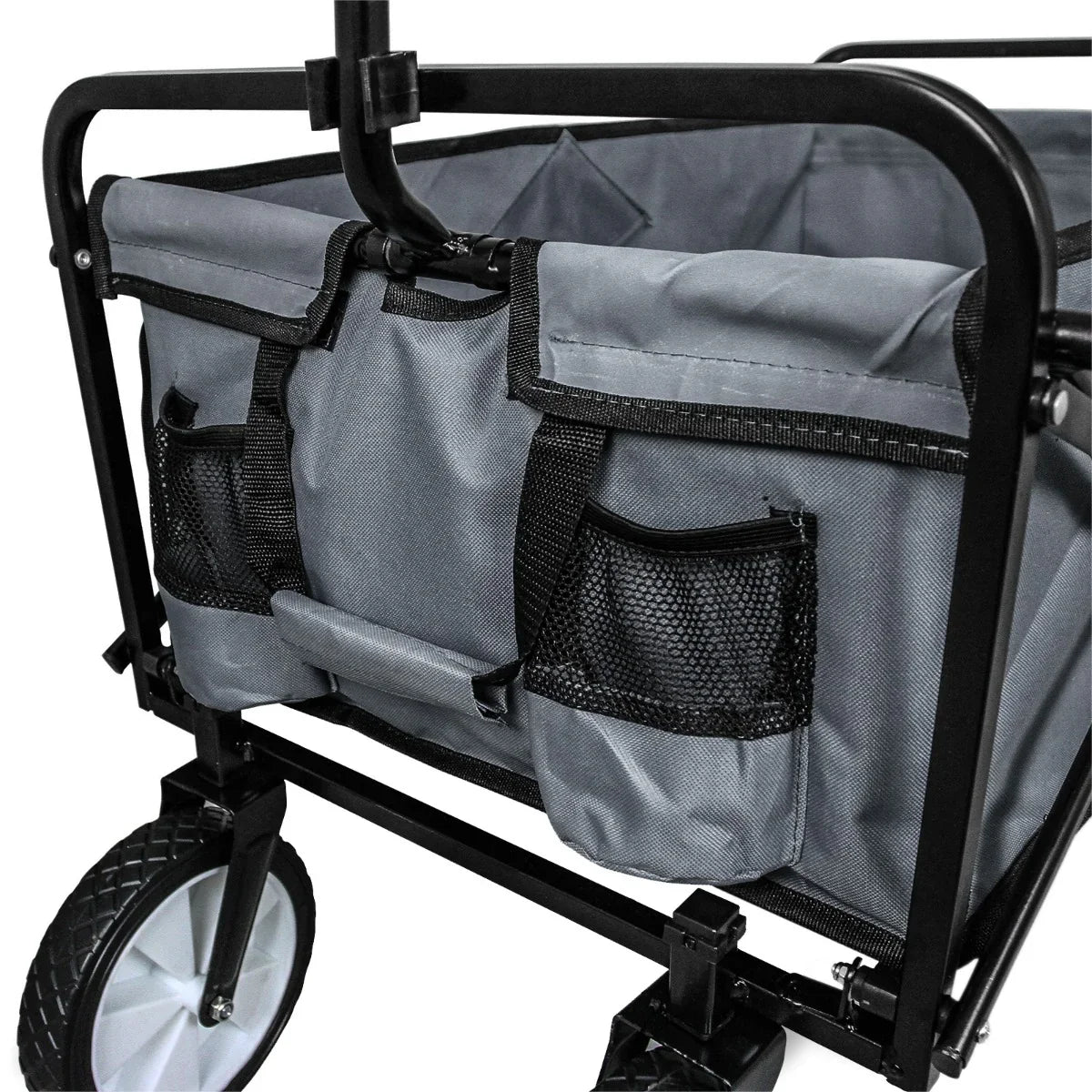 Grey foldable garden cart featuring a sturdy frame, mesh pockets for storage, and durable wheels for easy maneuverability