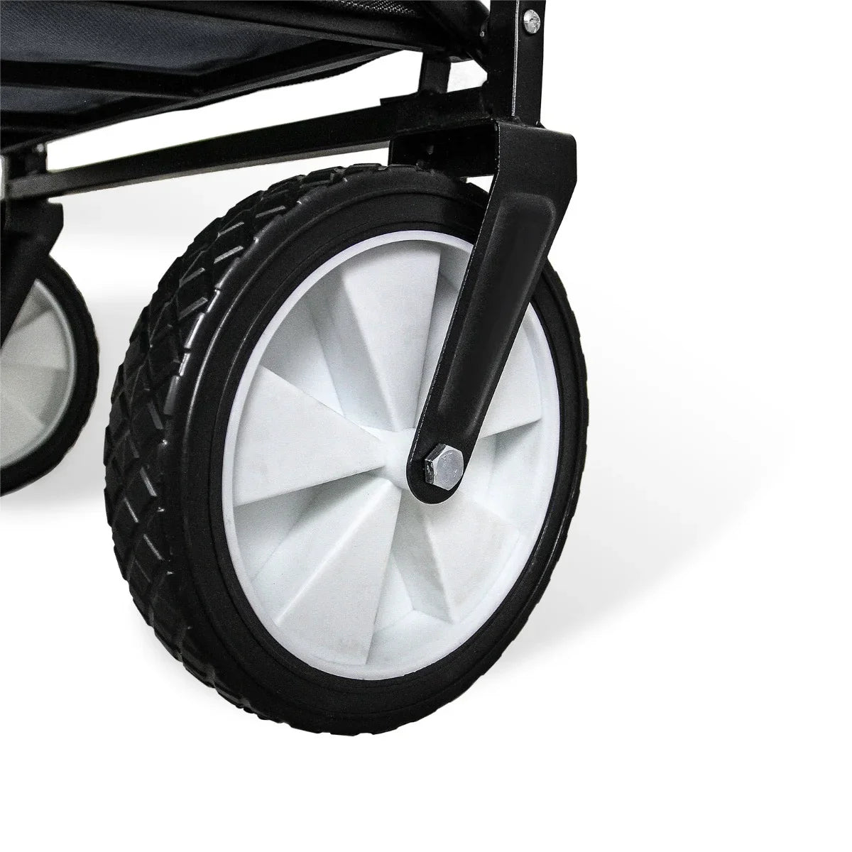 Grey foldable garden cart featuring durable rubber wheels with a unique spoke design, ideal for outdoor transport and storage