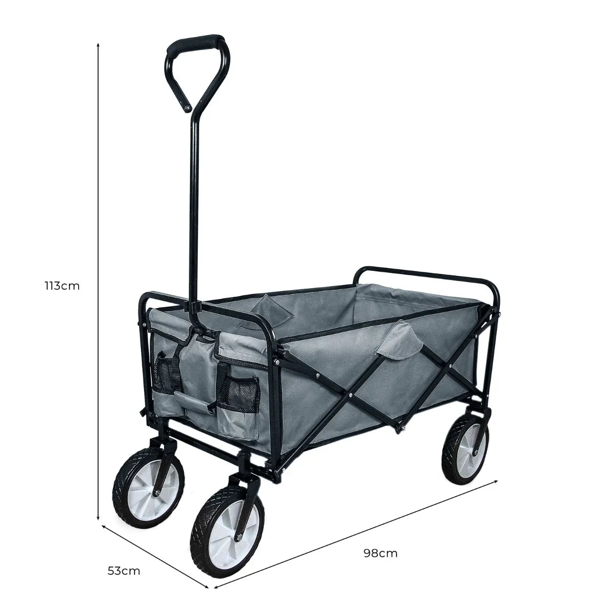 Grey foldable garden cart with sturdy black frame, spacious fabric interior, and durable wheels for easy outdoor transport