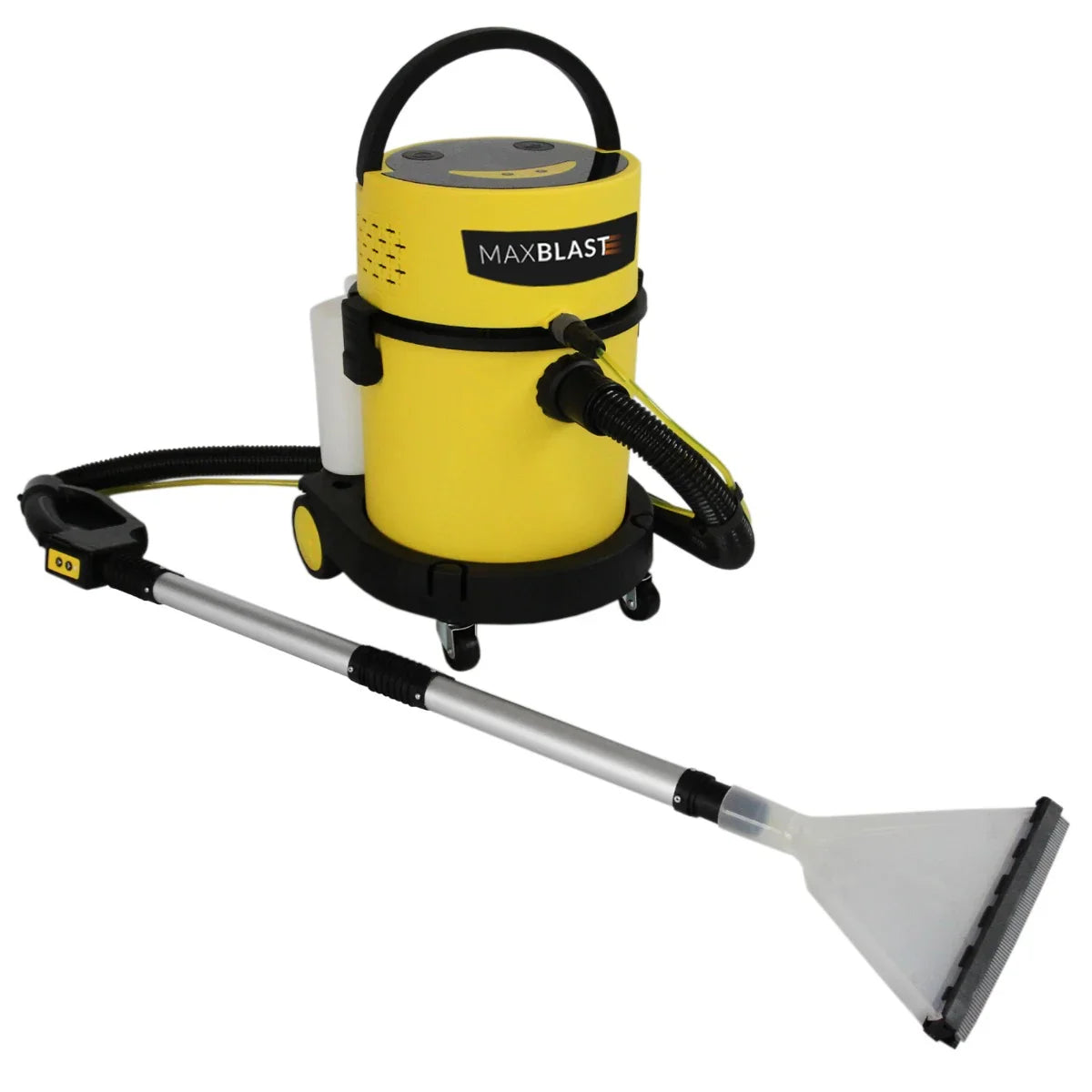 MAXBLAST Wet and Dry Vacuum Cleaner in bright yellow, featuring a large 20L capacity, flexible hose, and a wide cleaning nozzle for versatile use