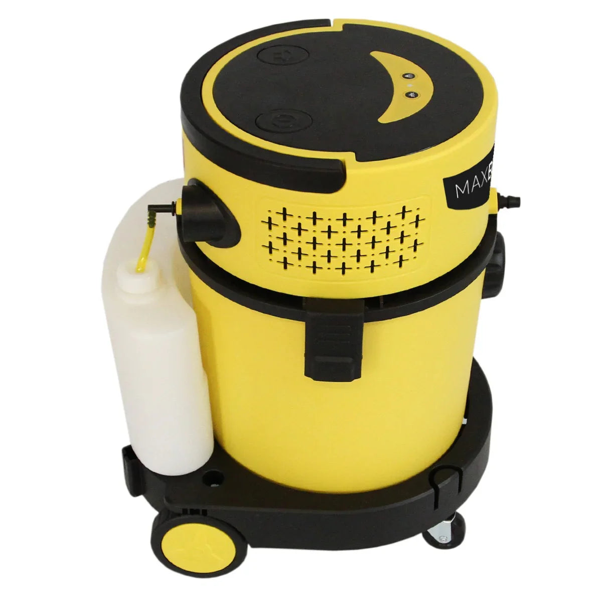 MAXBLAST Wet and Dry Vacuum Cleaner in bright yellow, featuring a cylindrical design, wheels for mobility, and a detachable tank for easy cleaning