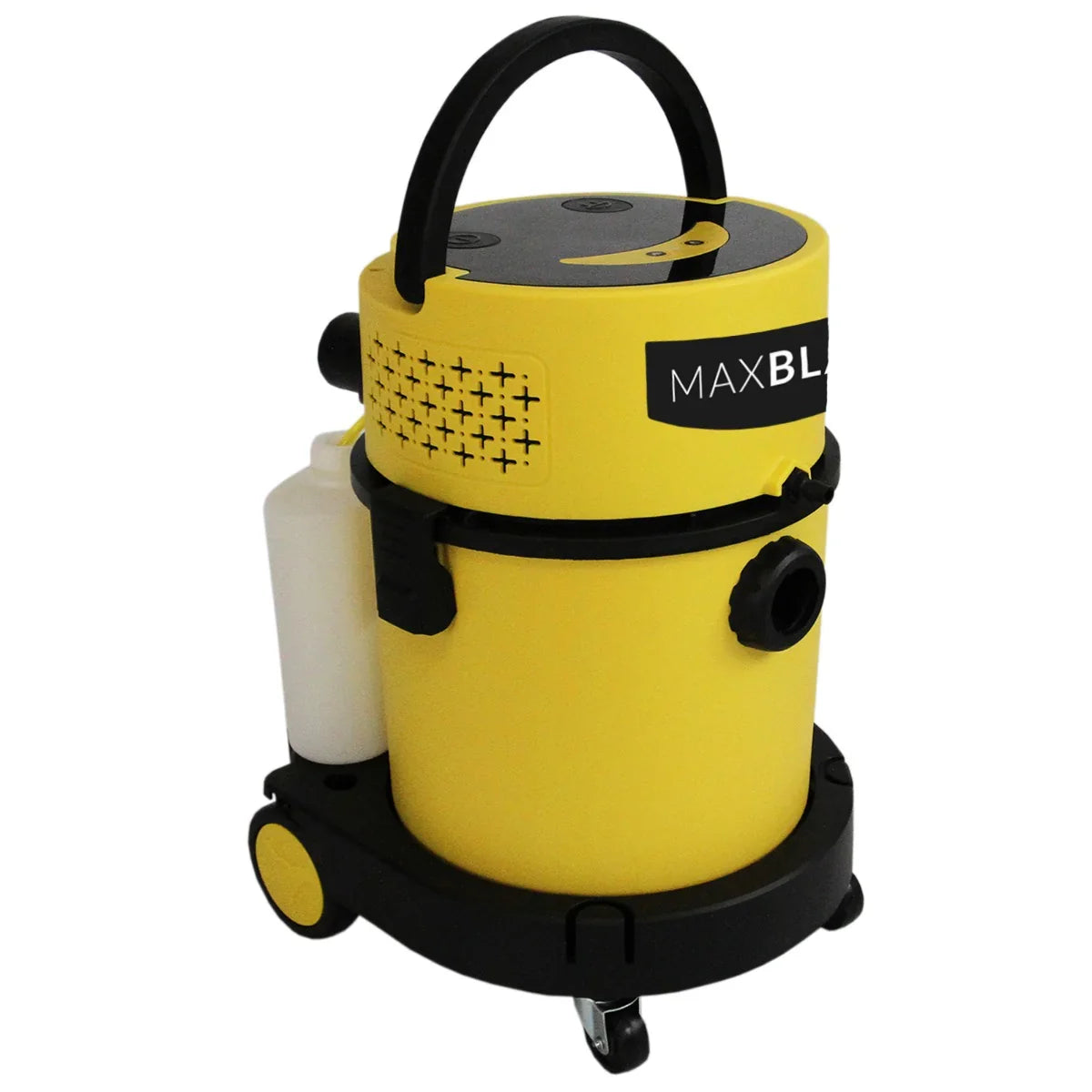 MAXBLAST Wet and Dry Vacuum Cleaner in bright yellow, featuring a sturdy design, large wheels, and a detachable container for easy cleaning