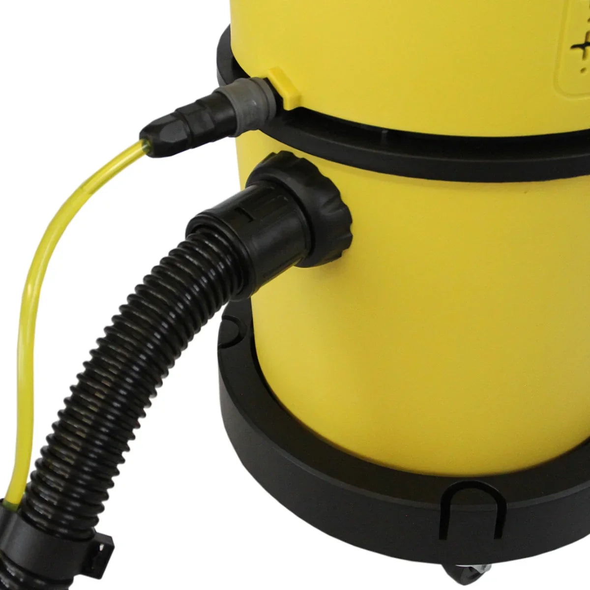 MAXBLAST Wet and Dry Vacuum Cleaner features a yellow cylindrical body, flexible black hose, and sturdy wheels for easy mobility