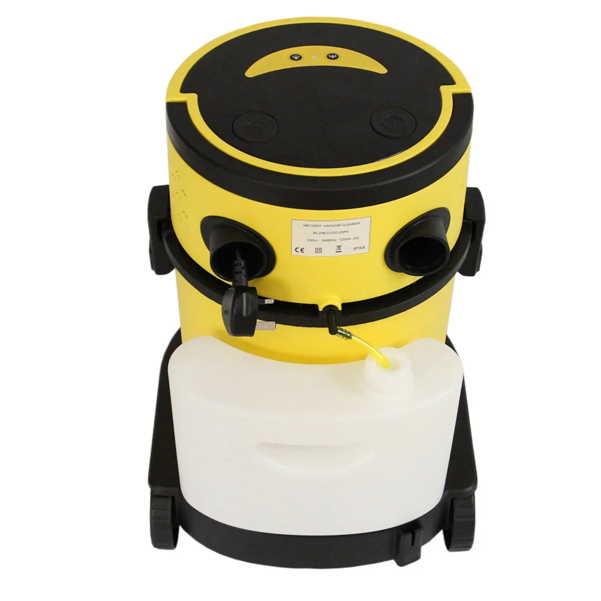 MAXBLAST Wet and Dry Vacuum Cleaner in yellow and black, featuring a 20 L tank, dual suction ports, and sturdy wheels for mobility