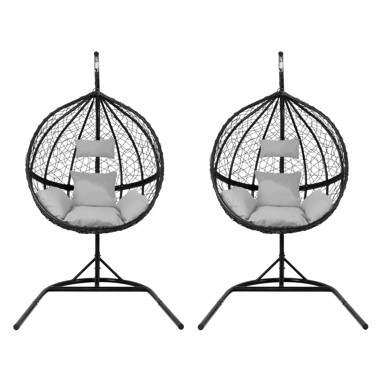Black hanging rattan egg chairs with plush gray cushions, featuring a round woven design and sturdy metal stands, perfect for outdoor relaxation
