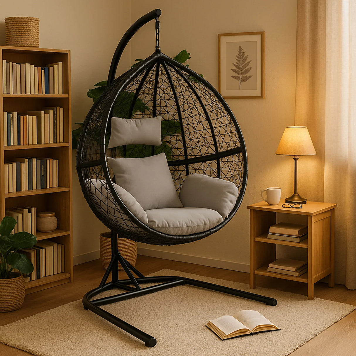 Hanging rattan egg chair in black with plush gray cushions, suspended on a sturdy frame, set in a cozy, well-lit room