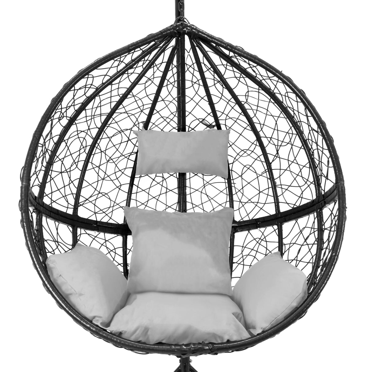 Black hanging rattan egg chair featuring a round shape, intricate woven design, and plush white cushions for comfort